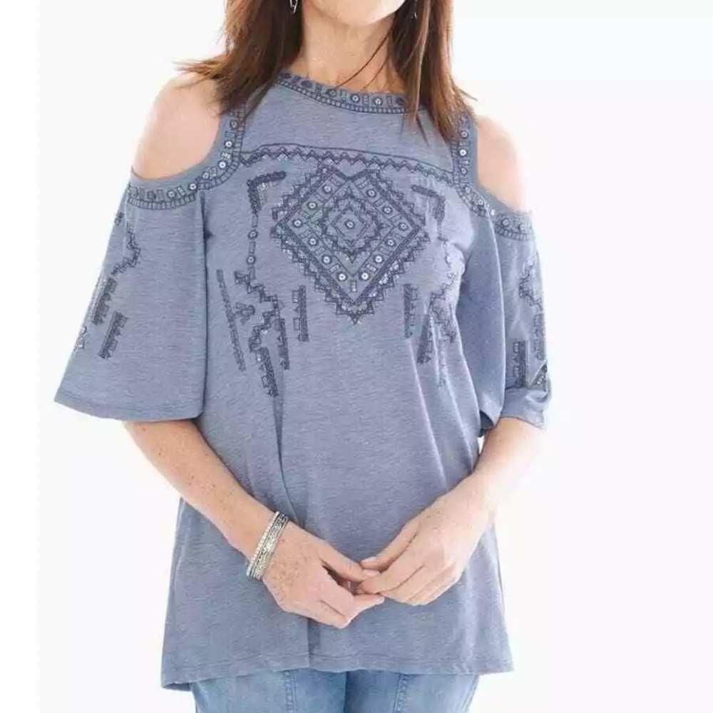 🦋COLD SHOULDER KNIT TOP EMBELLISHED WITH SILVER SEQUINS - LIGHTWEIGHT SIZE 1 - Picture 3 of 9